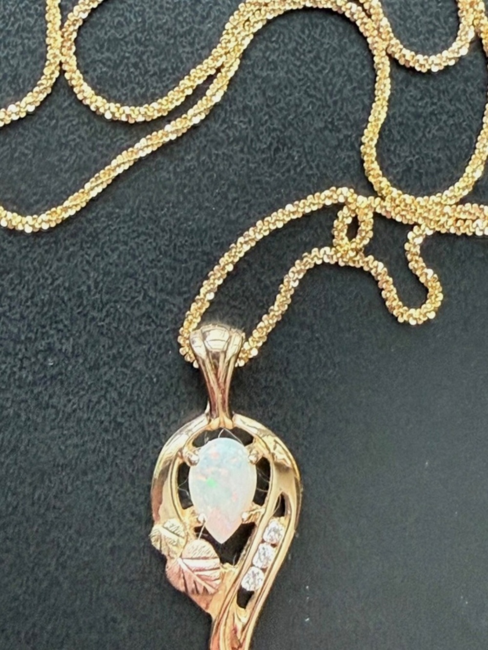 Black Hills Gold Natural Opal & 3 Diamond Necklace, Dangling Earrings & Bracelet - Picture 10 of 10